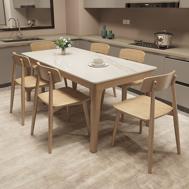 Mesa de comedor moderna con tapa de piedra blanca, mesa rectangular con patas de madera