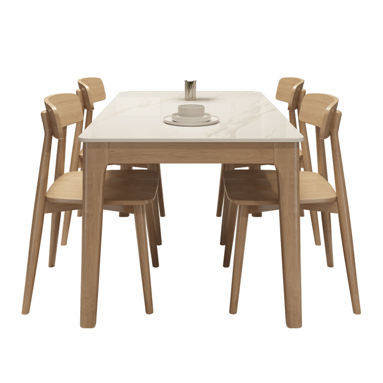 Mesa de comedor moderna con tapa de piedra blanca, mesa rectangular con patas de madera