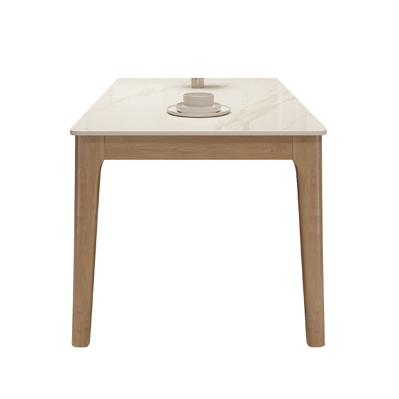 Mesa de comedor moderna con tapa de piedra blanca, mesa rectangular con patas de madera