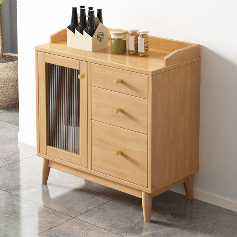 Glam Glass Doors Buffet Stand Rubberwood Solid Wood Sideboard with 3-Drawers