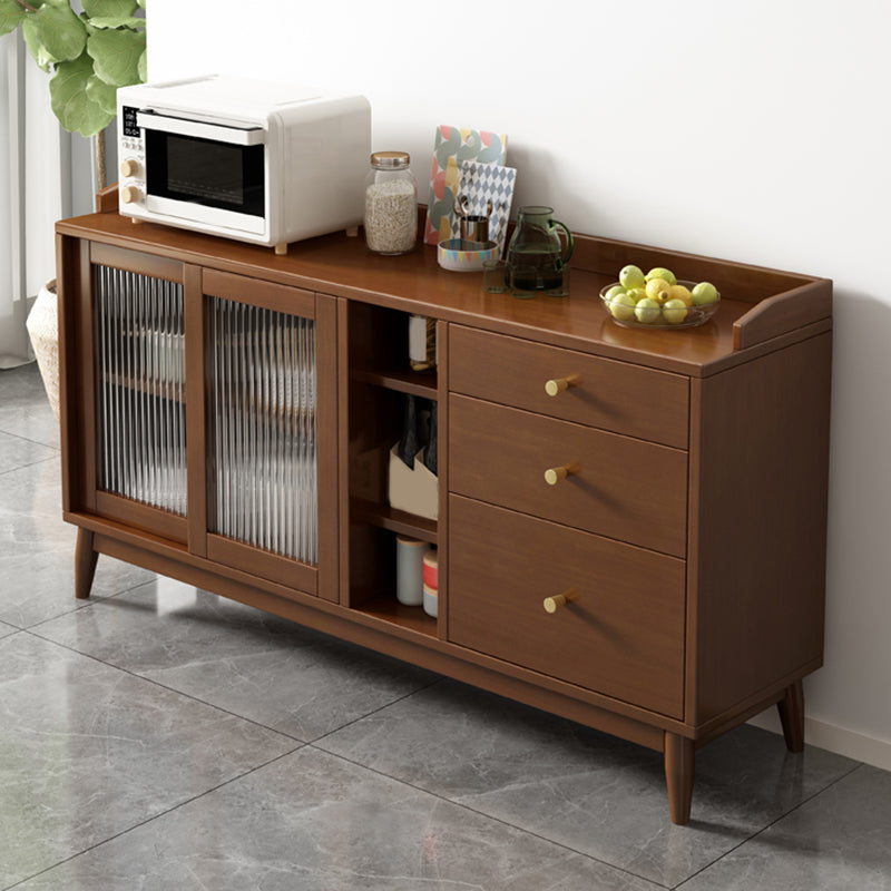 Glam Glass Doors Buffet Stand Rubberwood Solid Wood Sideboard with 3-Drawers