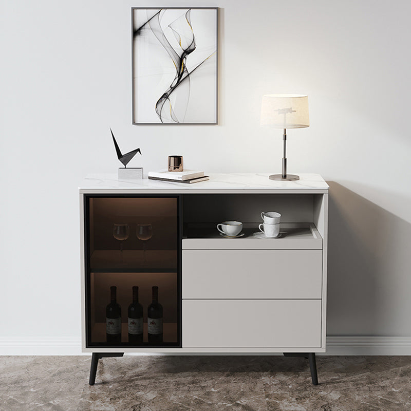 Glass Door Stone Buffet Sideboard Contemporary Style Credenza with LED Lights 39"L x 16"W x 36"H Light Gray Clearhalo 'buffet_sideboard' 'Buffets & Sideboards' 'furn' 'furn_buffet_sideboard' 'Furniture' 'Kitchen & Dining Furniture' 7673990