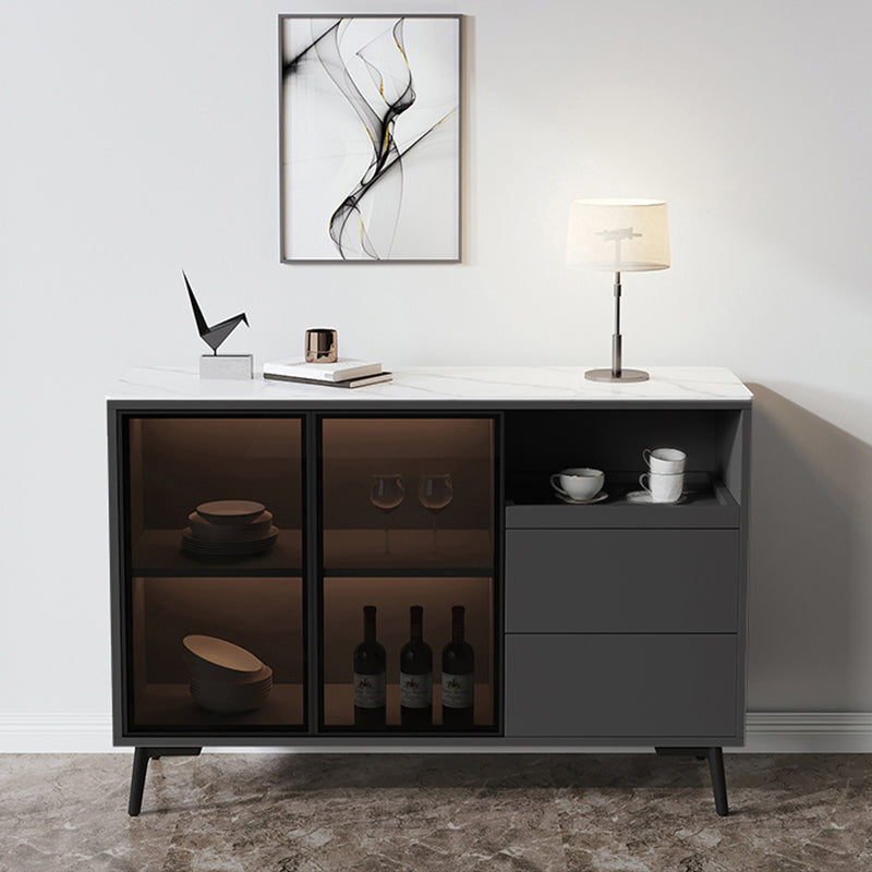 Glass Door Stone Buffet Sideboard Contemporary Style Credenza with LED Lights 47"L x 16"W x 36"H Dark Gray Clearhalo 'buffet_sideboard' 'Buffets & Sideboards' 'furn' 'furn_buffet_sideboard' 'Furniture' 'Kitchen & Dining Furniture' 7673991