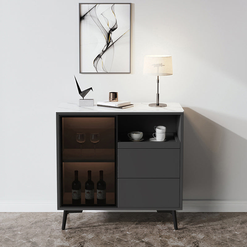 Glass Door Stone Buffet Sideboard Contemporary Style Credenza with LED Lights 31"L x 16"W x 36"H Dark Gray Clearhalo 'buffet_sideboard' 'Buffets & Sideboards' 'furn' 'furn_buffet_sideboard' 'Furniture' 'Kitchen & Dining Furniture' 7673993