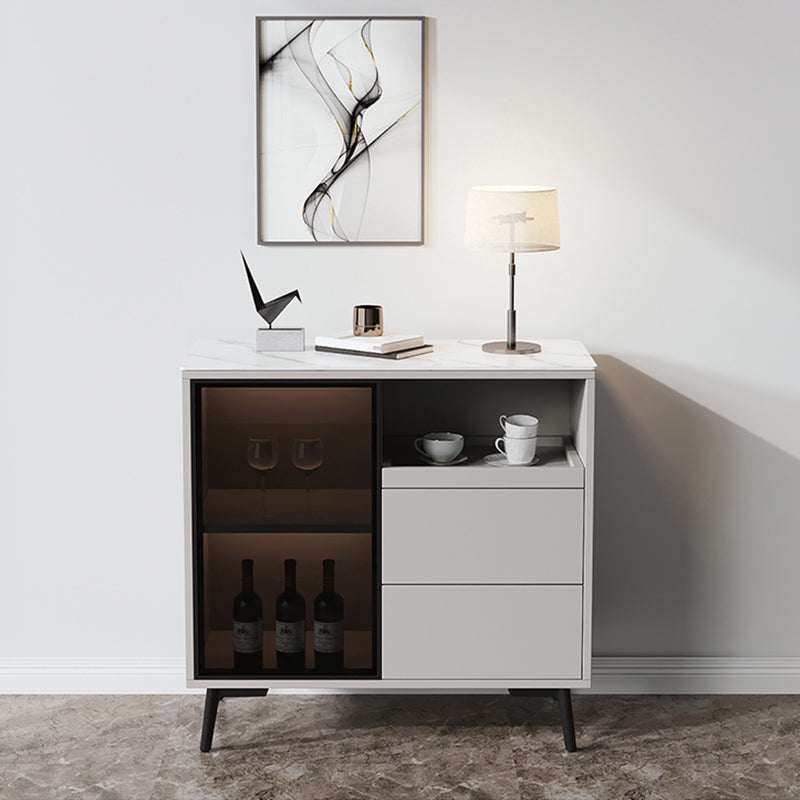 Glass Door Stone Buffet Sideboard Contemporary Style Credenza with LED Lights 31"L x 16"W x 36"H Light Gray Clearhalo 'buffet_sideboard' 'Buffets & Sideboards' 'furn' 'furn_buffet_sideboard' 'Furniture' 'Kitchen & Dining Furniture' 7673995