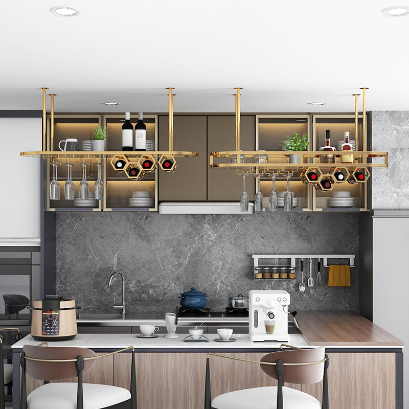 Gold Metal Kitchen Wine Holder with Glass Holder & Storage Shelf