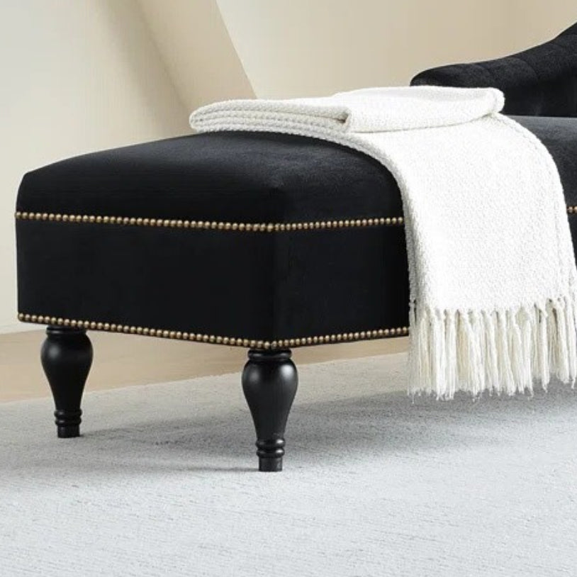 Modern Velvet Upholstered Cushioned One Armed Chaise Lounge with Nailhead Trim