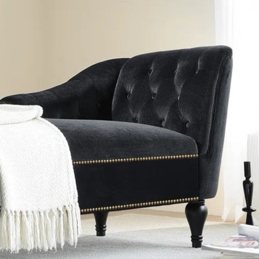 Modern Velvet Upholstered Cushioned One Armed Chaise Lounge with Nailhead Trim
