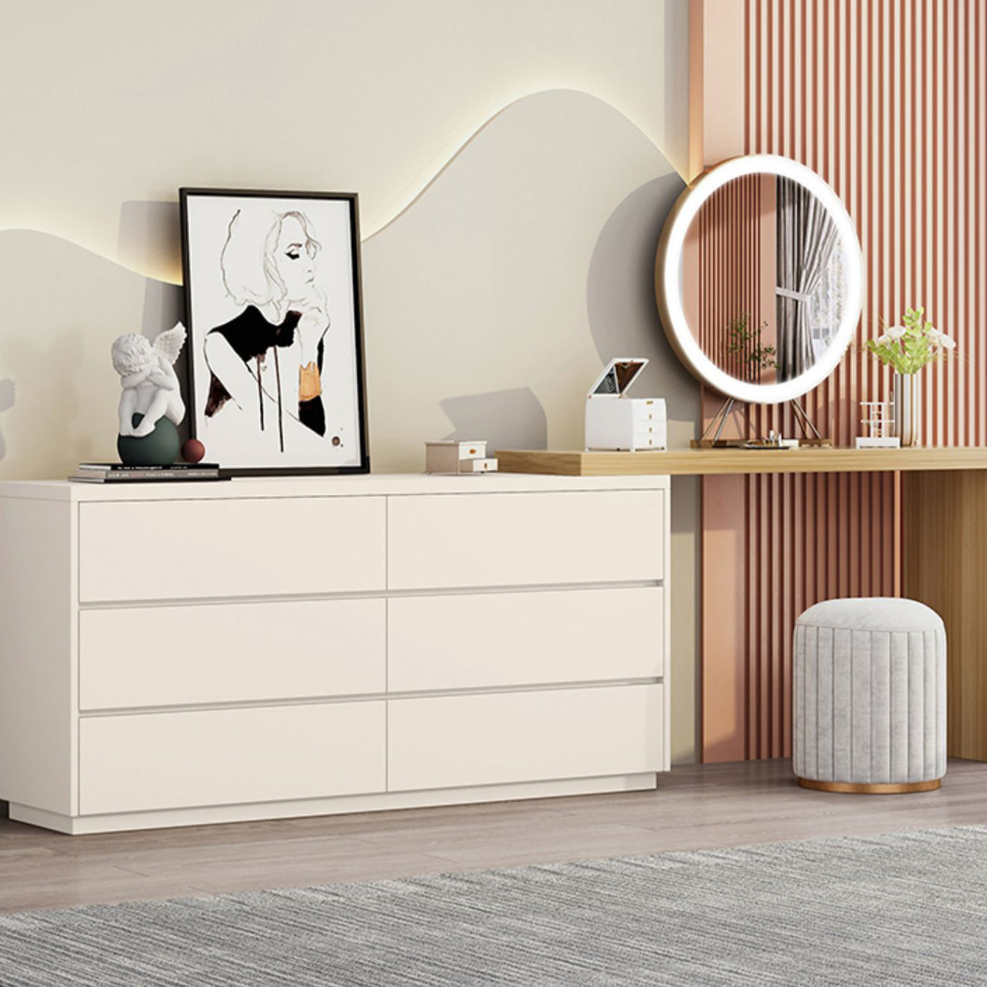 Bedroom Simple Make-up Vanity and Stool in White with Drawers