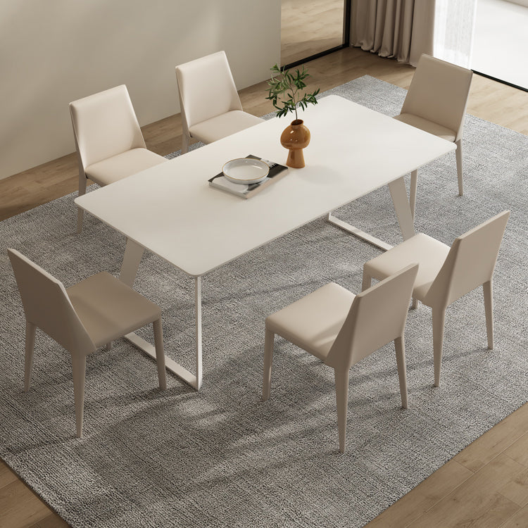 Modern Rectangle Dining Table White Stone Tabletop with Metal Sled Base
