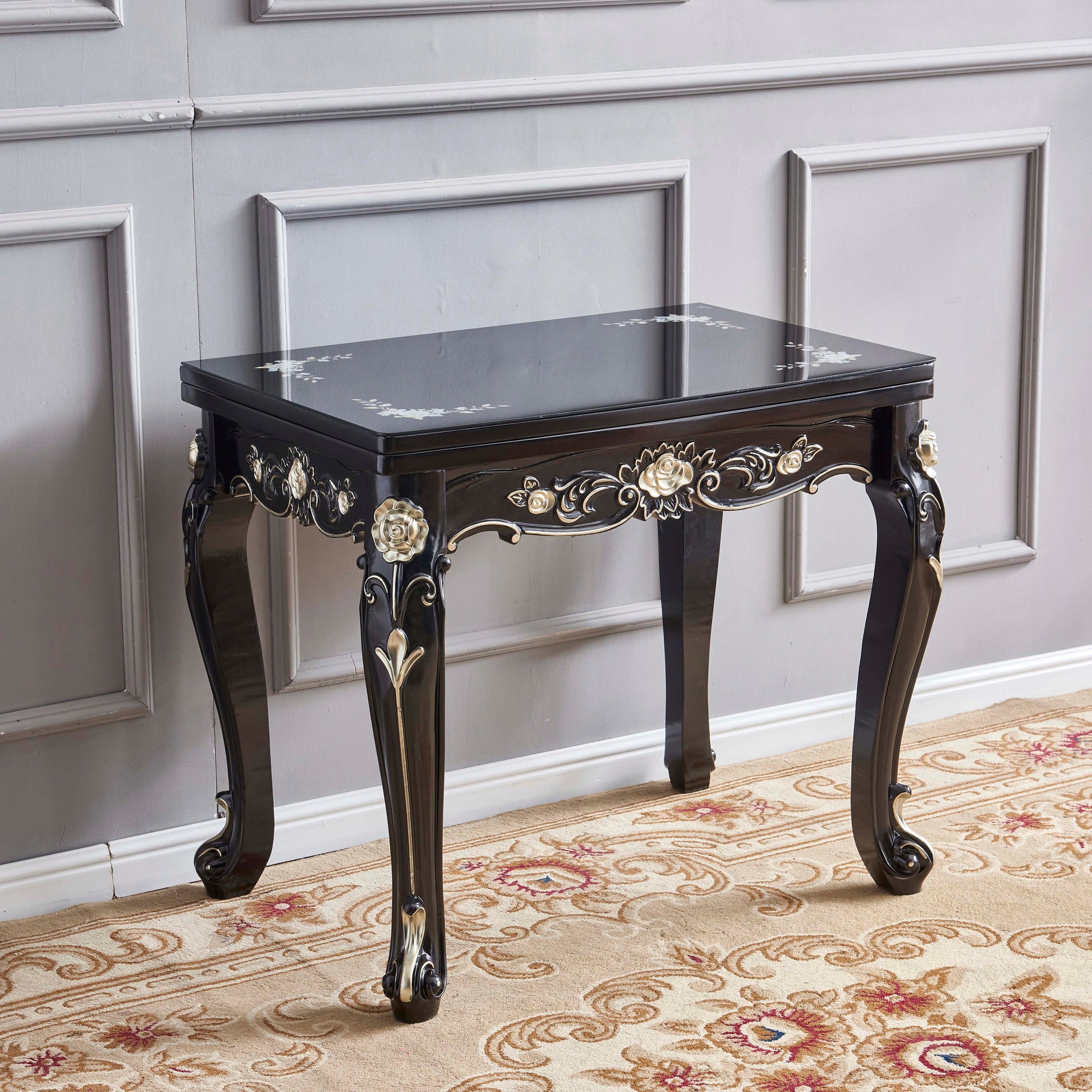 Glam Foldable Rectangle Dining Table Glass Tabletop with Wood Legs Black Without Chairs Clearhalo 'Dining Tables & Seating' 'Dining Tables' 'dining_table' 'furn' 'furn_dining_table' 'Furniture' 'Kitchen & Dining Furniture' 7685474