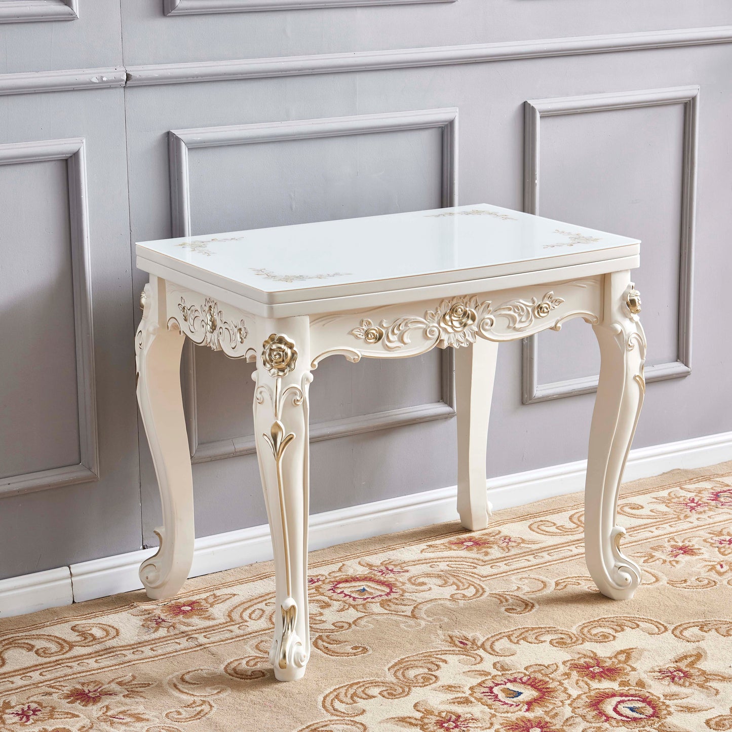 Glam Foldable Rectangle Dining Table Glass Tabletop with Wood Legs White Without Chairs Clearhalo 'Dining Tables & Seating' 'Dining Tables' 'dining_table' 'furn' 'furn_dining_table' 'Furniture' 'Kitchen & Dining Furniture' 7685475