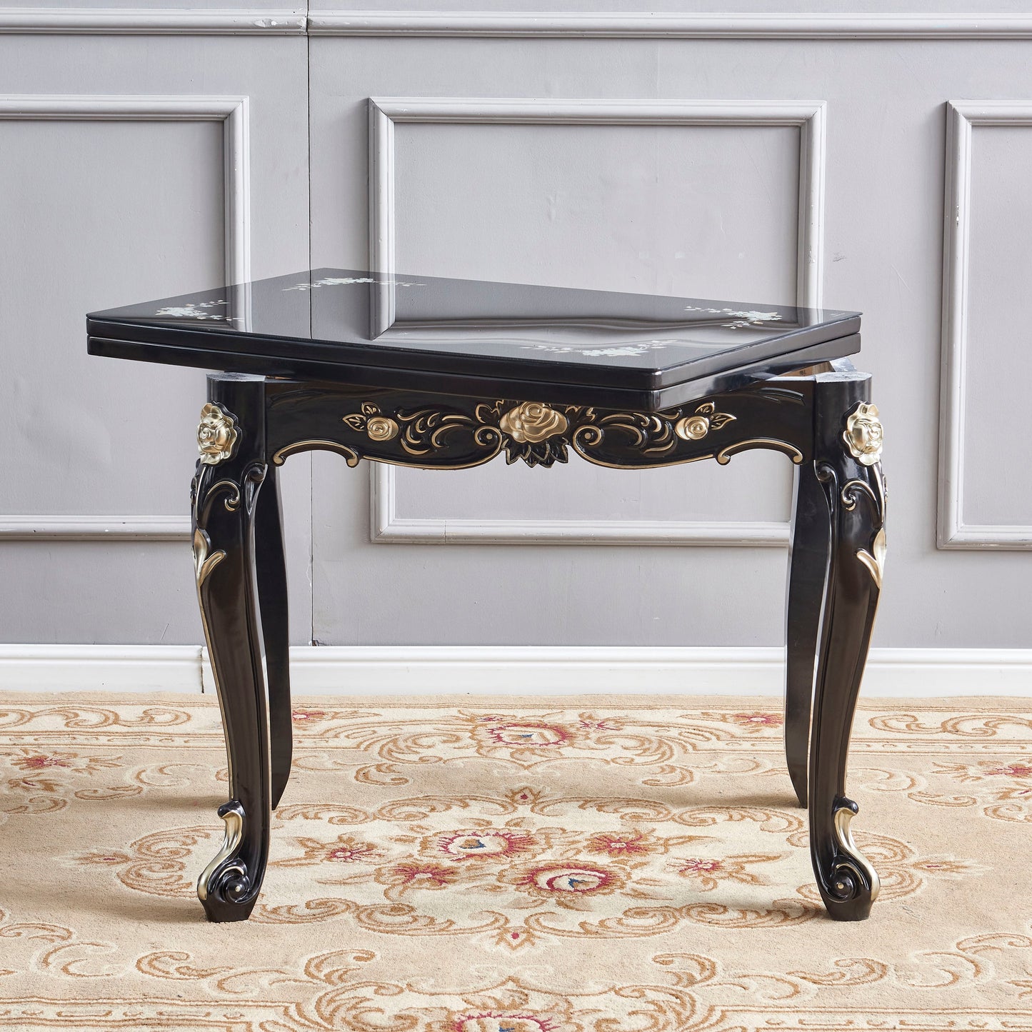 Glam Foldable Rectangle Dining Table Glass Tabletop with Wood Legs Clearhalo 'Dining Tables & Seating' 'Dining Tables' 'dining_table' 'furn' 'furn_dining_table' 'Furniture' 'Kitchen & Dining Furniture' 7685479