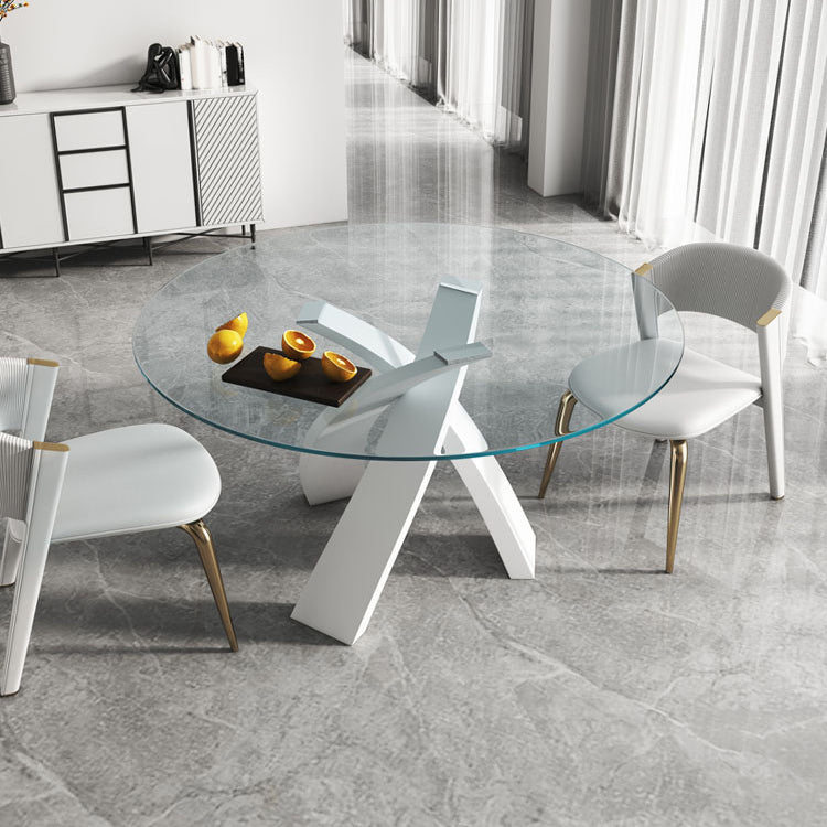 Modern Round Dining Table Glass Tabletop with Metal Pedestal Base