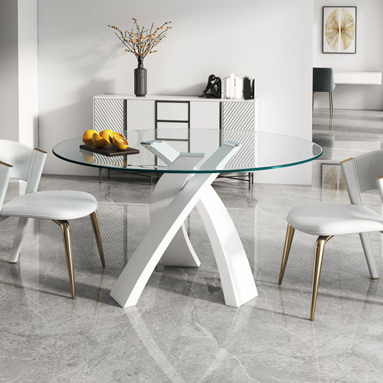 Modern Round Dining Table Glass Tabletop with Metal Pedestal Base