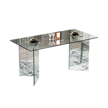 Moderne rechthoekige eettafel met glazen blad en dubbel voetstuk