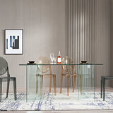 Moderne rechthoekige eettafel met glazen blad en dubbel voetstuk