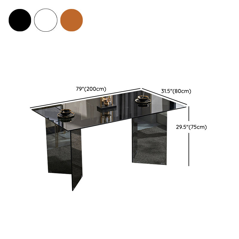 Moderne rechthoekige eettafel met glazen blad en dubbel voetstuk