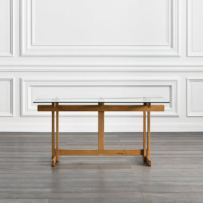 Clear Modern Rectangle Glass Dining Table with Solid Wood Trestle Base