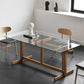 Clear Modern Rectangle Glass Dining Table with Solid Wood Trestle Base