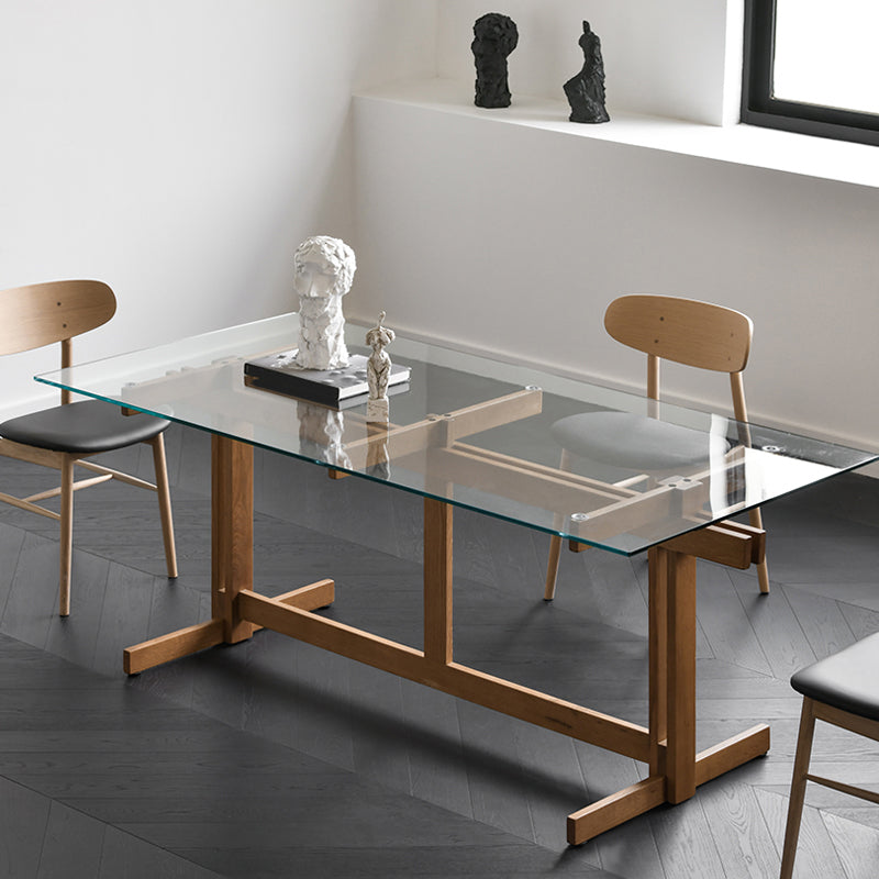 Clear Modern Rectangle Glass Dining Table with Solid Wood Trestle Base
