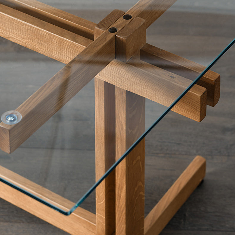 Clear Modern Rectangle Glass Dining Table with Solid Wood Trestle Base