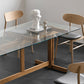 Clear Modern Rectangle Glass Dining Table with Solid Wood Trestle Base
