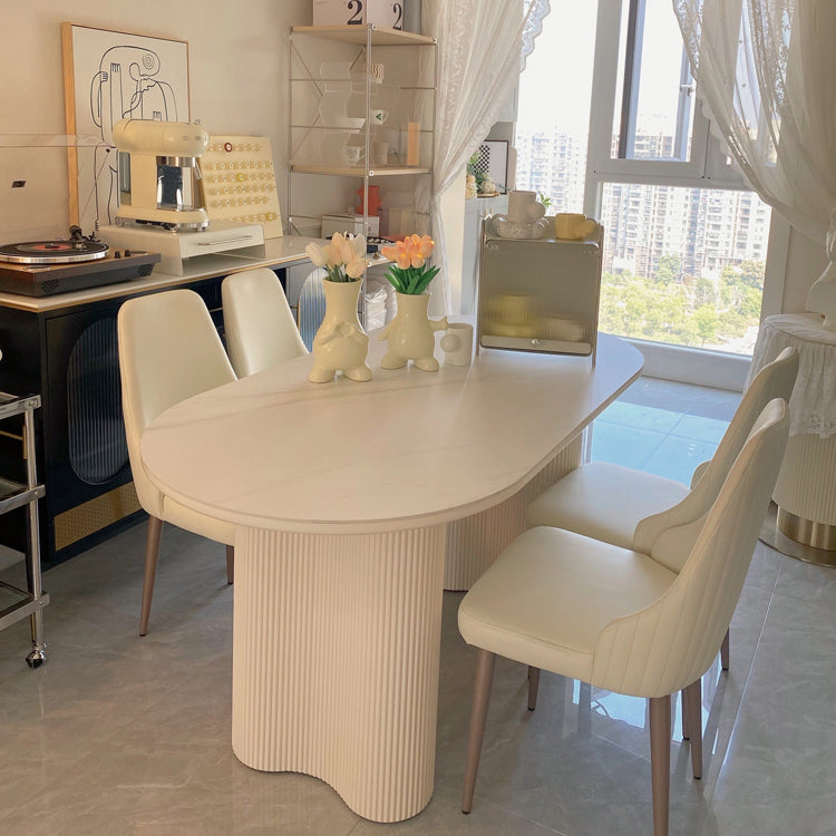 Modern Linen White Finish Oval Stone Top Dining Table with Double Pedestal Base