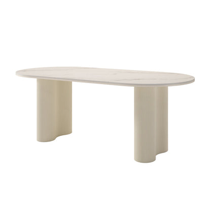 Modern Linen White Finish Oval Stone Top Dining Table with Double Pedestal Base
