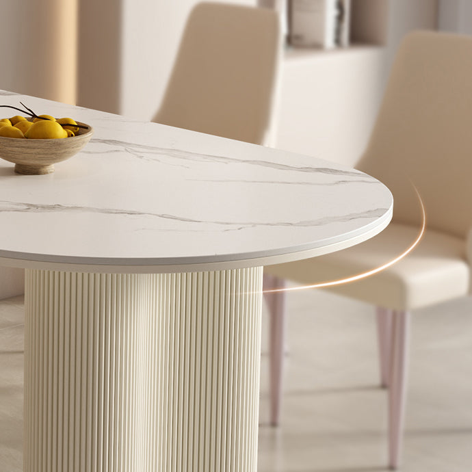 Modern Linen White Finish Oval Stone Top Dining Table with Double Pedestal Base