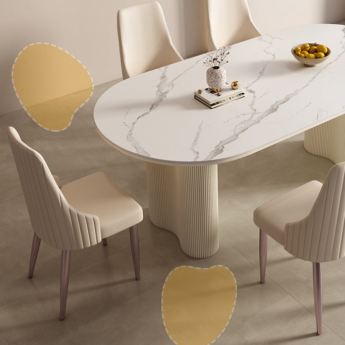 Modern Linen White Finish Oval Stone Top Dining Table with Double Pedestal Base