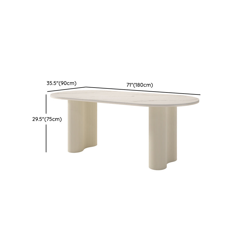 Modern Linen White Finish Oval Stone Top Dining Table with Double Pedestal Base