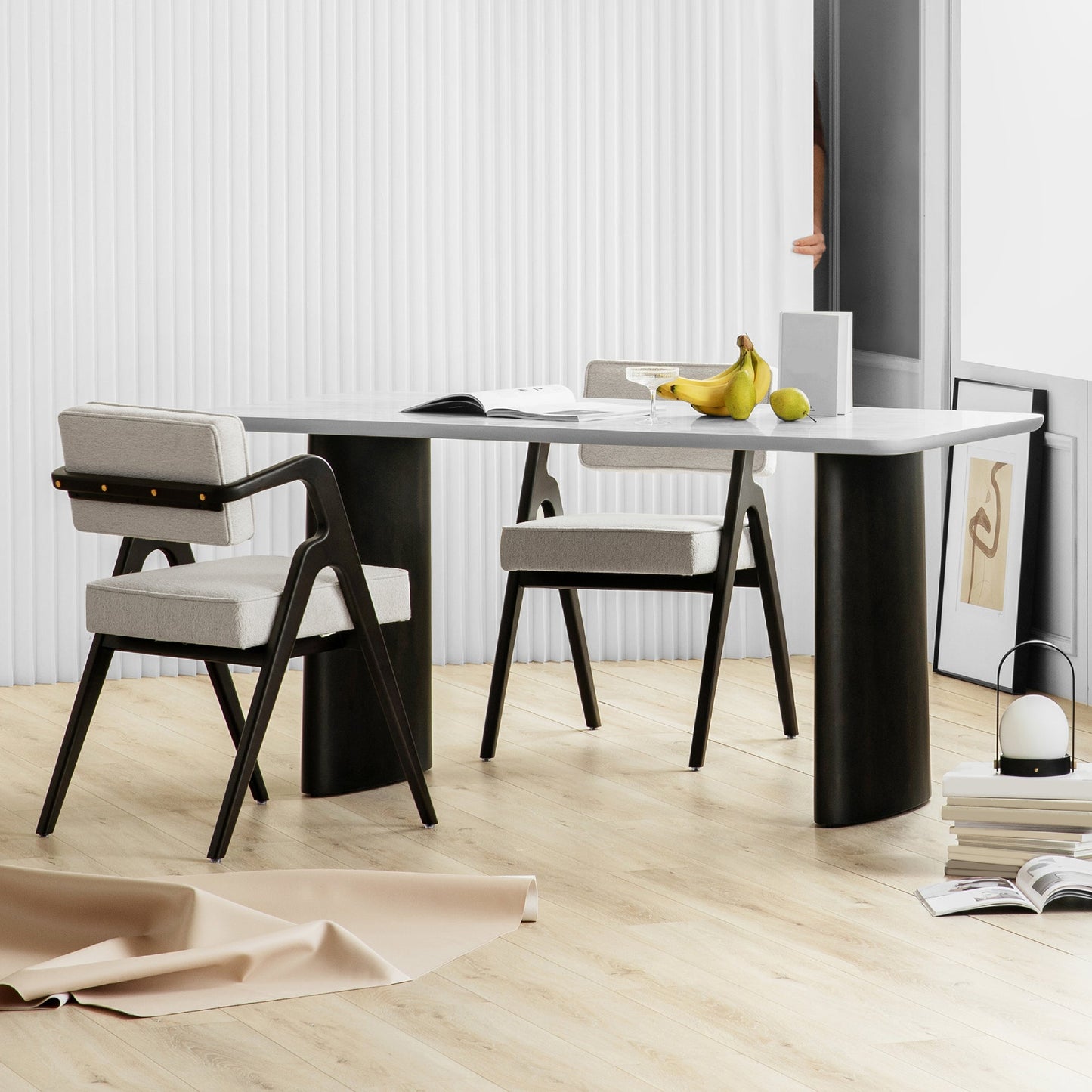 Contemporary White Retractable Wooden Dining Table with Double Pedestal Clearhalo 'Dining Tables & Seating' 'Dining Tables' 'dining_table' 'furn' 'furn_dining_table' 'Furniture' 'Kitchen & Dining Furniture' 7707504