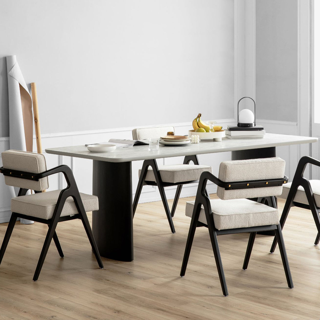 Contemporary White Retractable Wooden Dining Table with Double Pedestal Clearhalo 'Dining Tables & Seating' 'Dining Tables' 'dining_table' 'furn' 'furn_dining_table' 'Furniture' 'Kitchen & Dining Furniture' 7707506