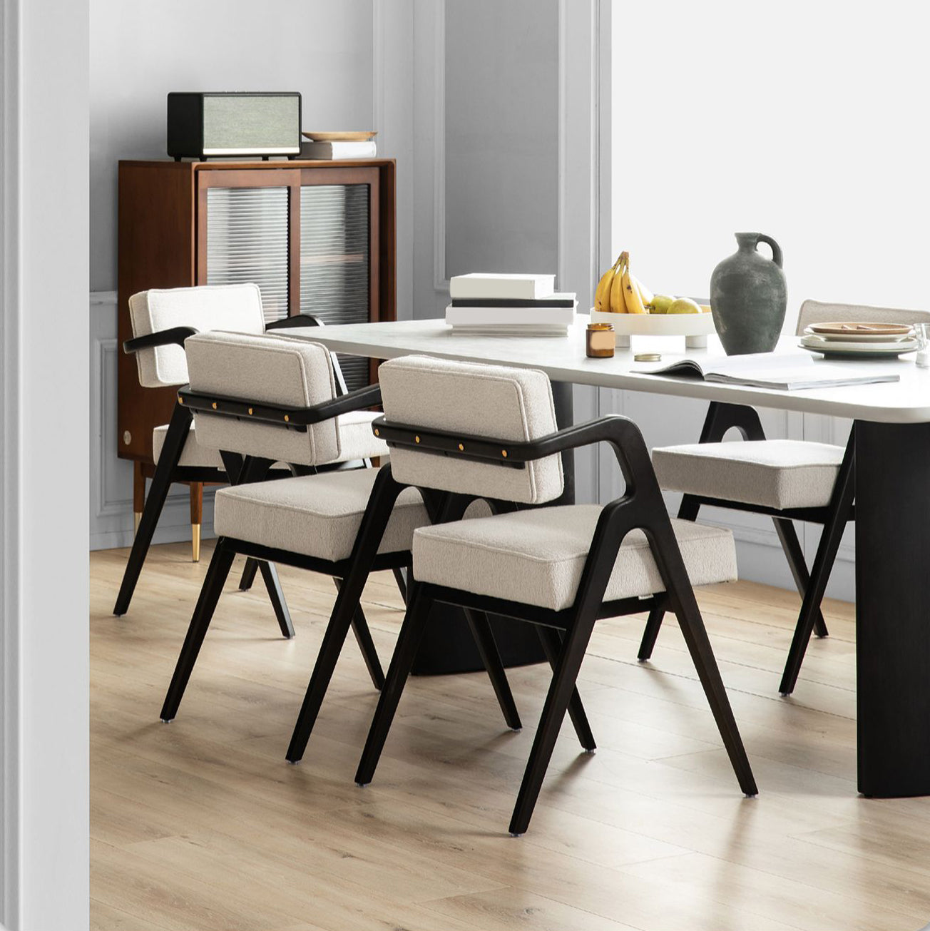 Contemporary White Retractable Wooden Dining Table with Double Pedestal Clearhalo 'Dining Tables & Seating' 'Dining Tables' 'dining_table' 'furn' 'furn_dining_table' 'Furniture' 'Kitchen & Dining Furniture' 7707511