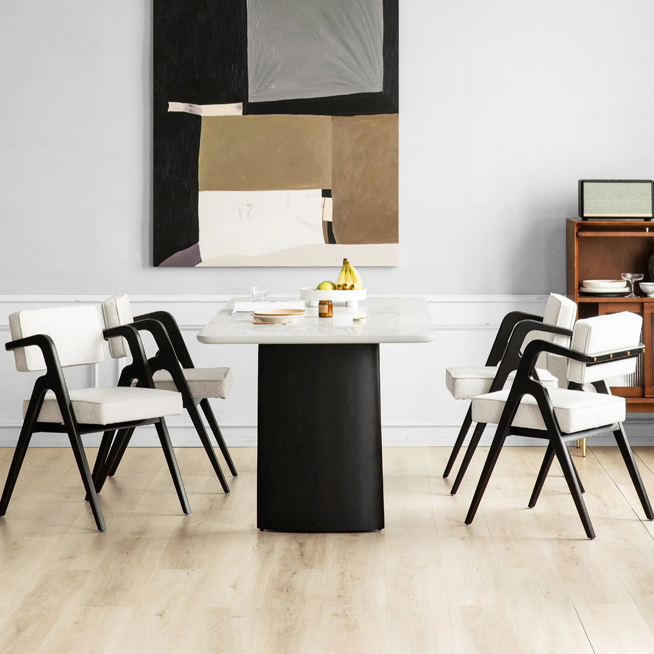 Contemporary White Retractable Wooden Dining Table with Double Pedestal Clearhalo 'Dining Tables & Seating' 'Dining Tables' 'dining_table' 'furn' 'furn_dining_table' 'Furniture' 'Kitchen & Dining Furniture' 7707512