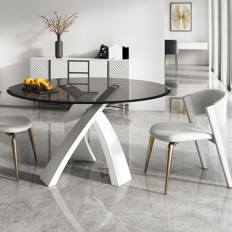 Modern Round Dining Table Glass Tabletop with White Pedestal Base