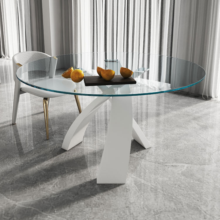 Modern Round Dining Table Glass Tabletop with White Pedestal Base