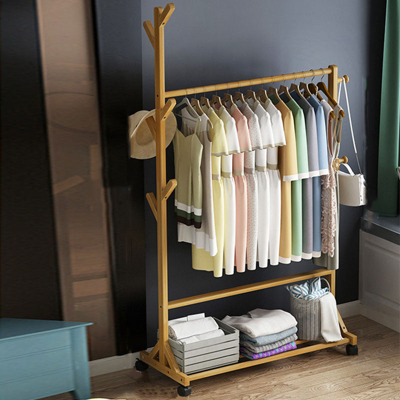現代のホールツリーフリースタンディングウッドストレージシェルビングコートラック付きキャスター