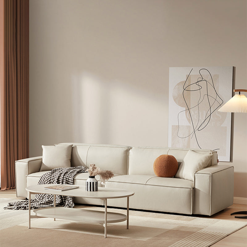 Solid Color Genuine Leather Bonus Room Square Arm 3-seater Sofa