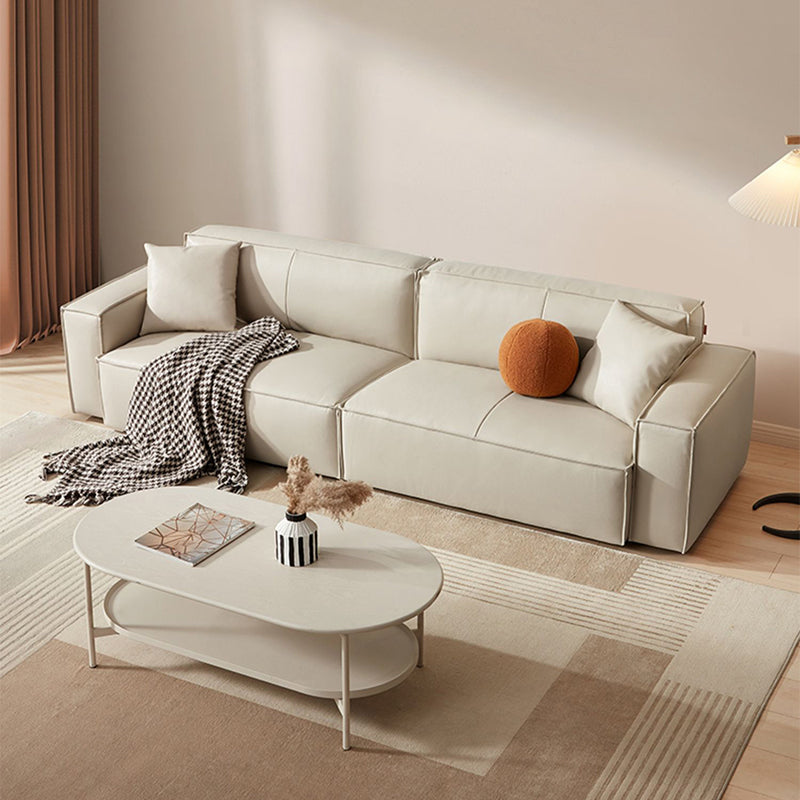 Solid Color Genuine Leather Bonus Room Square Arm 3-seater Sofa