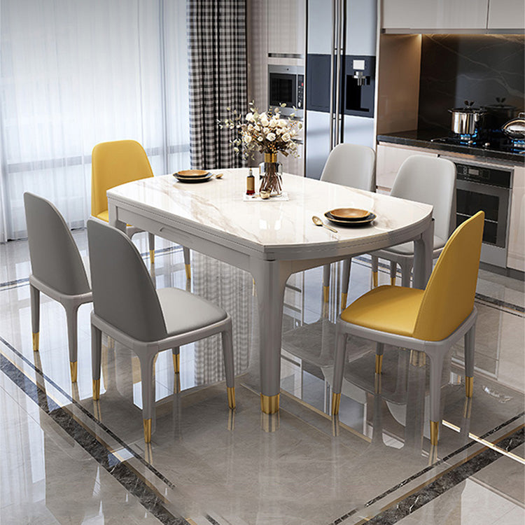 Contemporary Extendable Stone Dining Table with Wood Base and Double Drop Leaf Clearhalo 'Dining Tables & Seating' 'Dining Tables' 'dining_table' 'furn' 'furn_dining_table' 'Furniture' 'Kitchen & Dining Furniture' 7717564