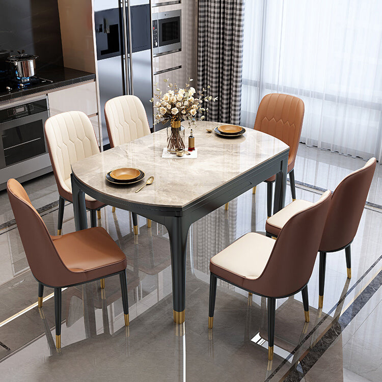 Contemporary Extendable Stone Dining Table with Wood Base and Double Drop Leaf Clearhalo 'Dining Tables & Seating' 'Dining Tables' 'dining_table' 'furn' 'furn_dining_table' 'Furniture' 'Kitchen & Dining Furniture' 7717567
