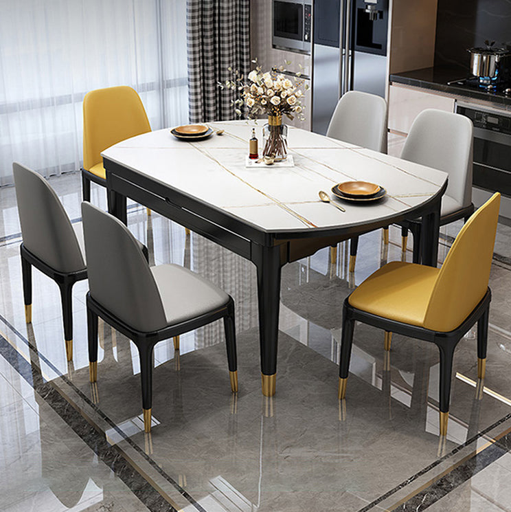 Contemporary Extendable Stone Dining Table with Wood Base and Double Drop Leaf Clearhalo 'Dining Tables & Seating' 'Dining Tables' 'dining_table' 'furn' 'furn_dining_table' 'Furniture' 'Kitchen & Dining Furniture' 7717571