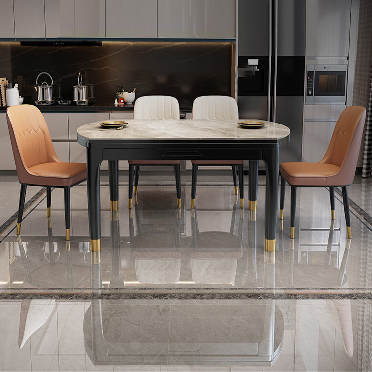 Contemporary Extendable Stone Dining Table with Wood Base and Double Drop Leaf Clearhalo 'Dining Tables & Seating' 'Dining Tables' 'dining_table' 'furn' 'furn_dining_table' 'Furniture' 'Kitchen & Dining Furniture' 7717572