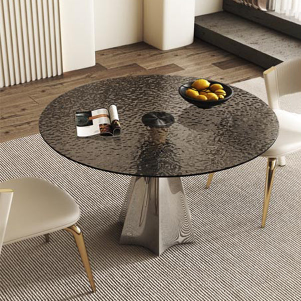 Modern Round Dining Table Glass Tabletop with Stainless Steel Pedestal Base