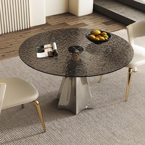 Modern Round Dining Table Glass Tabletop with Stainless Steel Pedestal Base