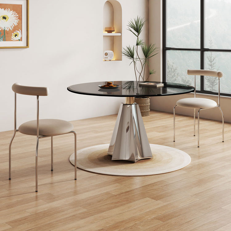 Modern Round Dining Table Glass Tabletop with Stainless Steel Pedestal Base
