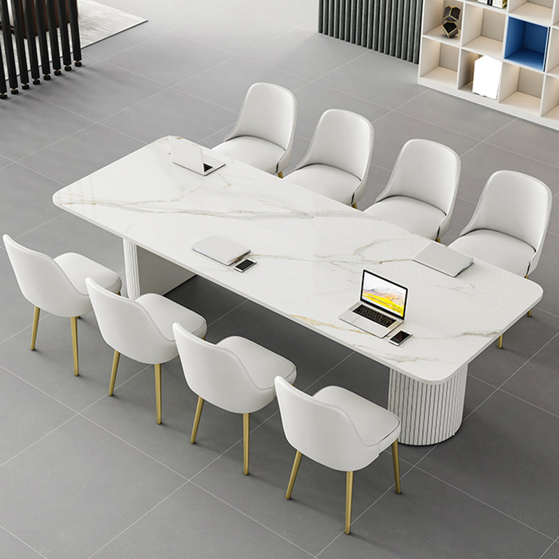 Tavolo da laptop rettangolare da ufficio grigio/scrivania in pietra bianca con 2 gambe