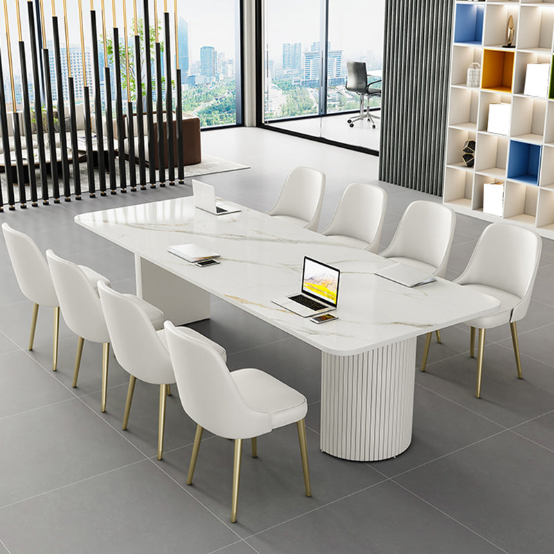 Tavolo da laptop rettangolare da ufficio grigio/scrivania in pietra bianca con 2 gambe